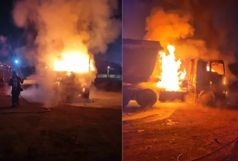Carreta bitrem pega fogo em Rondonópolis e cabine é destruída pelas chamas